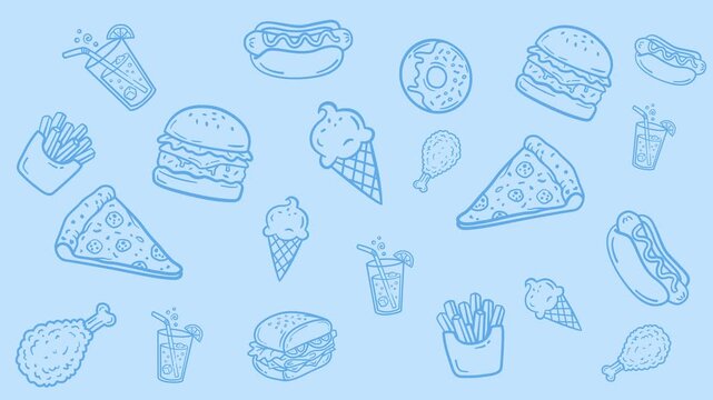 Blue Fast Food Doodle Seamless Looping Motion Graphic Video Background for Restaurant Menu and Culinary Design
