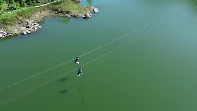 Aerial view of Keranjang Sultan zipline adventure at Glamping Lakeside Rancabali, Ciwidey, Indonesia