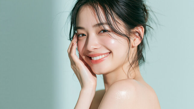 笑顔で綺麗な肌と白い歯を見せる日本人女性美人モデルの美容ポートレート。オーラルケア、スキンケア、コスメ広告用。
