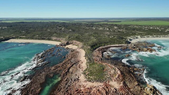 Blue Bay, White Hut, South Australia &ndash; 4K aerial drone view of pristine beach, turquoise waters, coastal dunes, Thidna Beach, Daly Head, Yorke Peninsula coastline, Gleesons Landing - Bush Campground