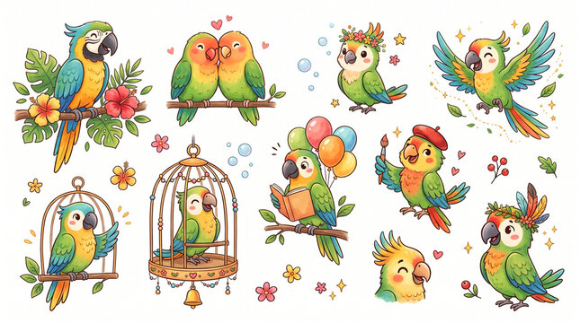set of funny parrot