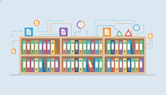 Wooden library bookshelf filled with colorful document folders and connected by digital data icons representing organized office filing systems.