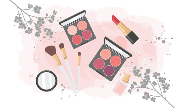 Beauty composition with eyeshadow palettes, makeup brushes, and cherry blossom accents on a soft watercolor background.