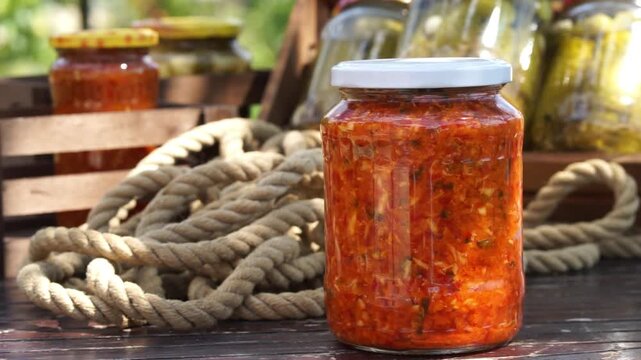 Assorted pickled vegetables in glass jars preserved in vinegar for homemade food storage, fermentation and pantry concept