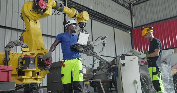 Technicians Troubleshoot Robotic Arm Control System for Automation Maintenance