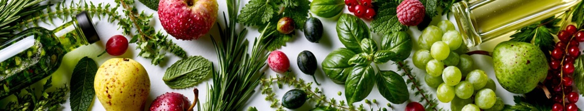 Overhead flat lay of fresh basil, mint, rosemary and assorted summer fruits with glass oil bottles on white background
