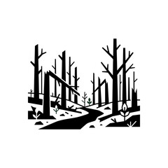 Obraz premium Whimsical digital illustration of a cute charred forest landscape with burnt trees and ash