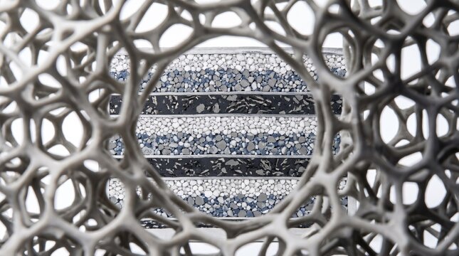 Layered solid state battery cross section viewed through scientific lattice 3D rendered