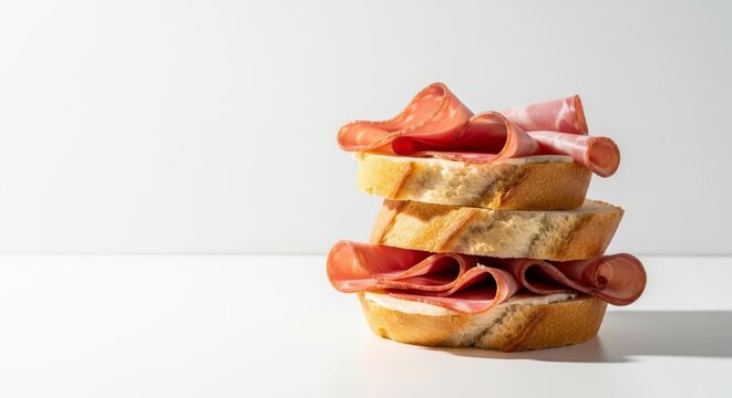 A minimalist composition of fresh crusty bread slices topped with thin cold cuts of meat on a clean white surface with natural lighting, protein, fresh, platter