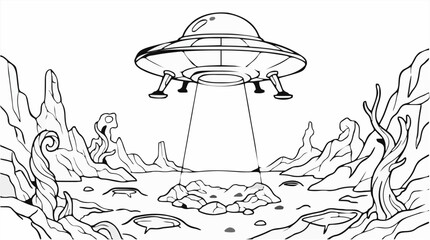 Black and White Coloring Page of a Retro Style Flying Saucer Hovering Over an Alien Landscape with Strange Plants and Rocks, Vector Illustration © Sumini