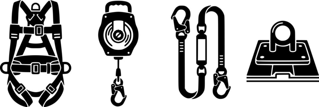 Set of black icons representing fall protection equipment, including a safety harness, self-retracting lifeline, lanyard, and roof anchor for construction and industrial safety.