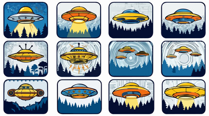 Vector Icon Sheet of Classic Flying Saucers Hovering Over a Forest Landscape, Retro Cartoon Style UFOs with Light Beams and Antennas, Alien Invasion Concept © Sumini