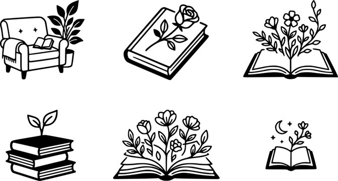 Minimalist black and white icons featuring books and flowers, symbolizing reading, literature, and growth. Includes a cozy armchair, rose on book, and flowers blooming from pages.