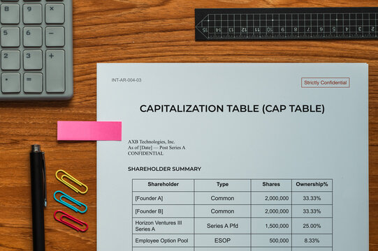 CAPITALIZATION TABLE (CAP TABLE) Mock-up Staged on Wooden Desk &mdash; Perfect eye-catcher for Finance and Startup Blog Posts