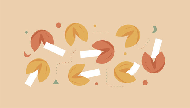 Several crispy fortune cookies with paper slips floating against a soft orange background with simple geometric icons.
