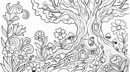 Clean Black and White Line Art Illustration of a Fantasy Forest Scene with a Small House Nestled in Tree Roots, Surrounded by Flowers and Mushrooms, Vector Graphic © Leandri