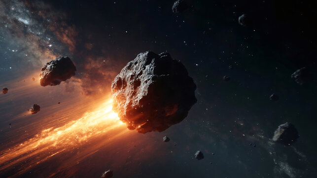 Large asteroid floating in deep space. Glowing cosmic explosion illuminating meteoroids in outer space. Science fiction background