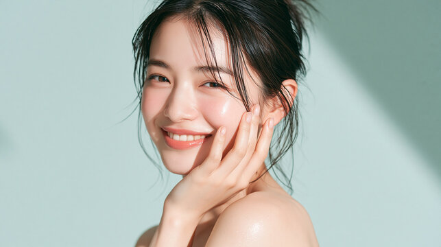 笑顔で綺麗な肌と白い歯を見せる日本人女性美人モデルの美容ポートレート。オーラルケア、スキンケア、コスメ広告用。