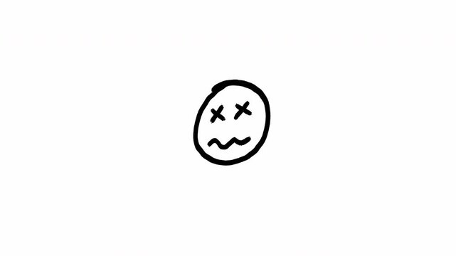 Artistic Hand Drawn Scribble Animation of a Dead Cartoon Face with Cross Eyes Minimalist Doodle Video 4K