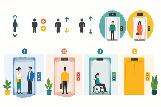 Lift navigation graphics and elevator safety information illustration