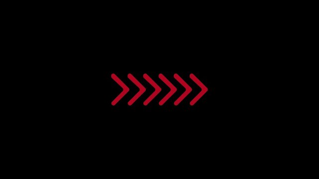 Animation of a red sideways arrow icon on a black background. Animation of *loop* direction arrow to the side. Animated arrows for video *overlay* layers.