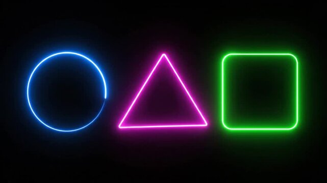 Neon geometric shapes comprising a glowing blue circle, pink triangle, and green square against a black background.