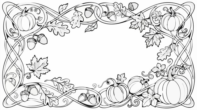 Black and White Art Nouveau Border Illustration with Pumpkins, Acorns, and Autumn Leaves, Decorative Frame Vector Graphic for Coloring or Design, Copy Space