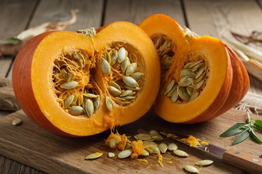 Cut pumpkin seeds inside raw still life