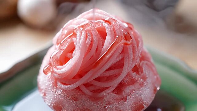 Pink strawberry mont blanc dessert with syrup pour