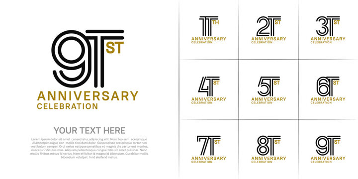 Anniversary logo style double line number set. black and gold color on white background for celebration event