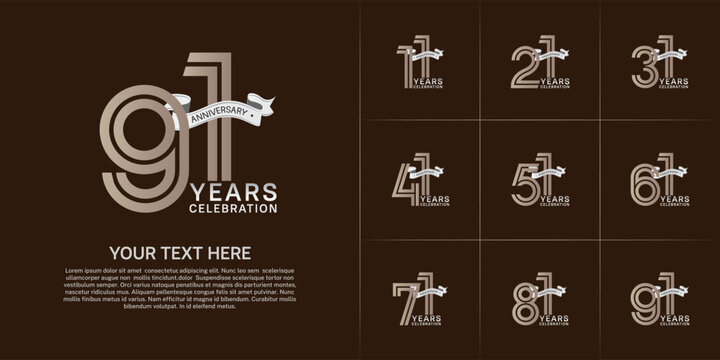 Anniversary logo style double line number set. brown color with ribbon for celebration event