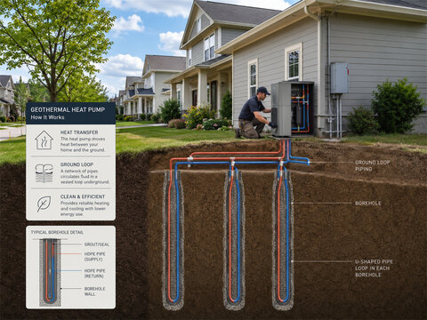Residential geothermal heat pump system cutaway diagram with underground loop options home equipment and labeled energy flow showing efficient heating and cooling technology for efficient homes