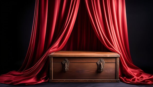 red curtain draped over a mysterious box a luxurious red silk curtain is draped elegantly over a wooden box on a black background this image evokes a sense of anticipation and unveiling mystery