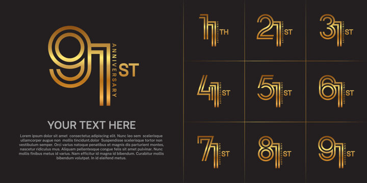 Anniversary logo style double line number set. golden color on brown background for celebration event