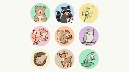 Whimsical Bear Cub Playing with a Globe and Other Cute Woodland Animal Icons, Flat Vector Illustration Sheet with Dandelion, Fox, Squirrel, Owl, Hedgehog, Fawn, and Frog © fafa
