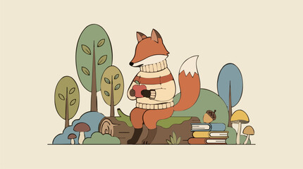 Vector Illustration of a Thoughtful Woodland Fox Creature in a Striped Sweater Sitting on a Log, Holding an Apple, Surrounded by Trees, Mushrooms, and Books, Autumn Forest Scene with Copy Space