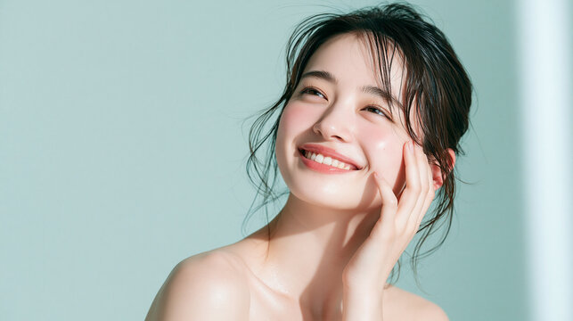 笑顔で綺麗な肌と白い歯を見せる日本人女性美人モデルの美容ポートレート。オーラルケア、スキンケア、コスメ広告用。