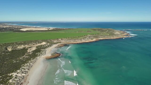 Blue Bay, White Hut, South Australia &ndash; 4K aerial drone view of pristine beach, turquoise waters, coastal dunes, Thidna Beach, Daly Head, Yorke Peninsula coastline, Gleesons Landing - Bush Campground
