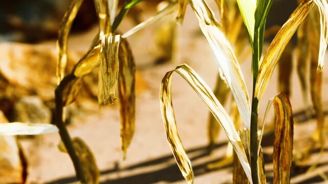 A close view shows dry grass bending on sandy soil. Sunlight creates patterns on the ground and highlights the texture of the grass. This scene captures the nature of a dry environment.