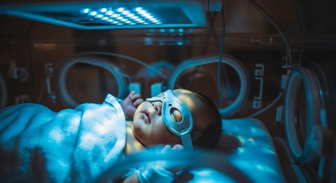 A newborn baby receives specialized medical care for jaundice treatment while resting inside a secure neonatal incubator ward using protective eye patches under bright blue phototherapy light