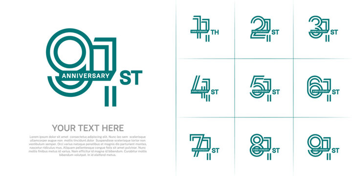Anniversary logo type set with double line number. green color with ribbon for celebration event