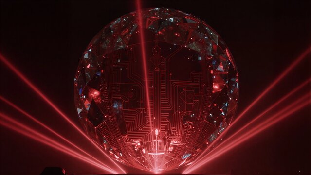 Glowing red circuit sphere with laser beams radiating from a dark background.
