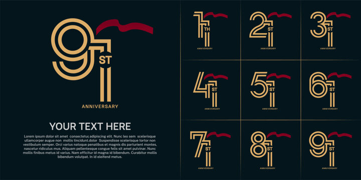 Anniversary logo type set with double line number. golden color with red long ribbon for celebration event