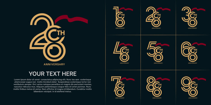 Anniversary logo type set with double line number. golden color with red long ribbon for celebration event