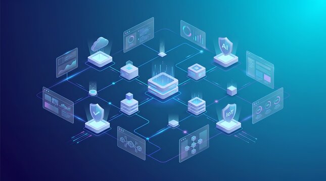 Centralized Cloud Server Data Center Isometric Architecture with Cybersecurity AI and Network Monitoring Interfaces
