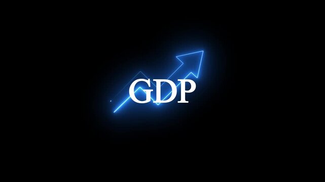 Glowing neon GDP growth line icon animation featuring bold GDP text with an upward arrow symbolizing economic expansion, financia.