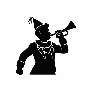 Black Silhouette of a Jester or Clown Blowing a Trumpet Wearing a Party Hat