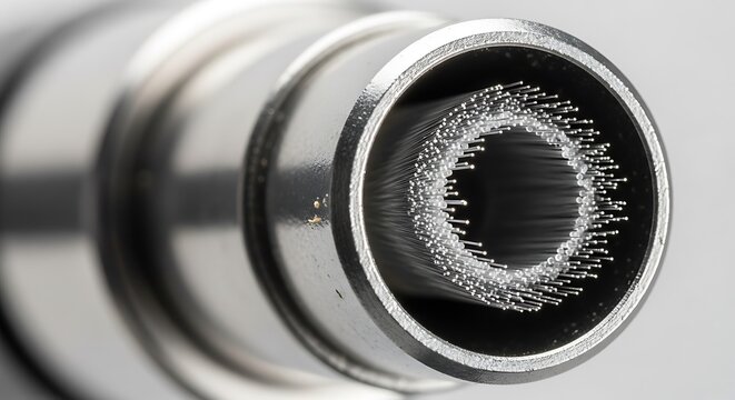 Macro view of a specialized cylindrical internal wire brush tool designed for precision cleaning and deburring inside holes and pipes showcasing fine bristles inside a durable metal housing