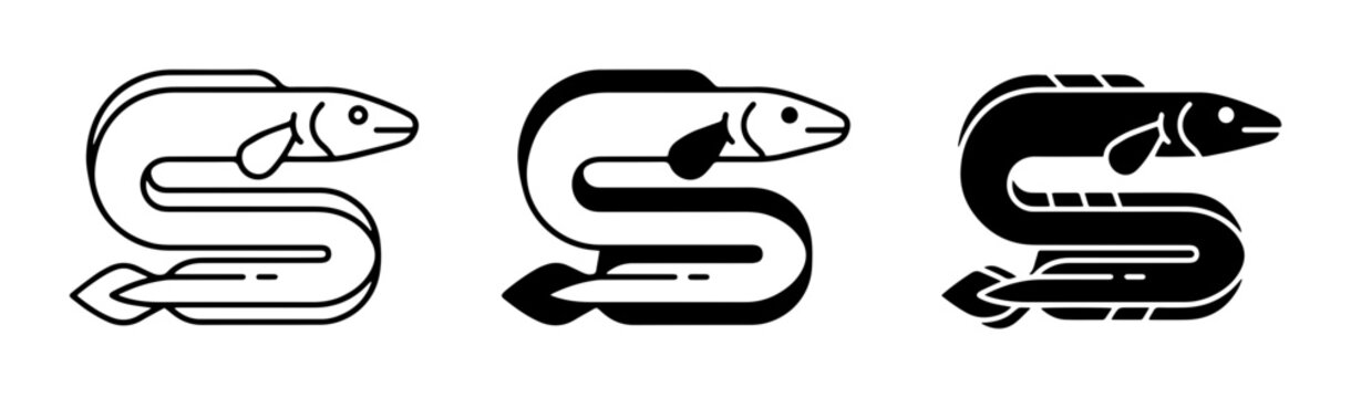 Eel Icons Set: Outline, Filled, and Silhouette Vector Graphics for Marine Life and Seafood Concepts