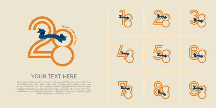Anniversary logo type set with double line number. orange color with blue ribbon can be use special moment